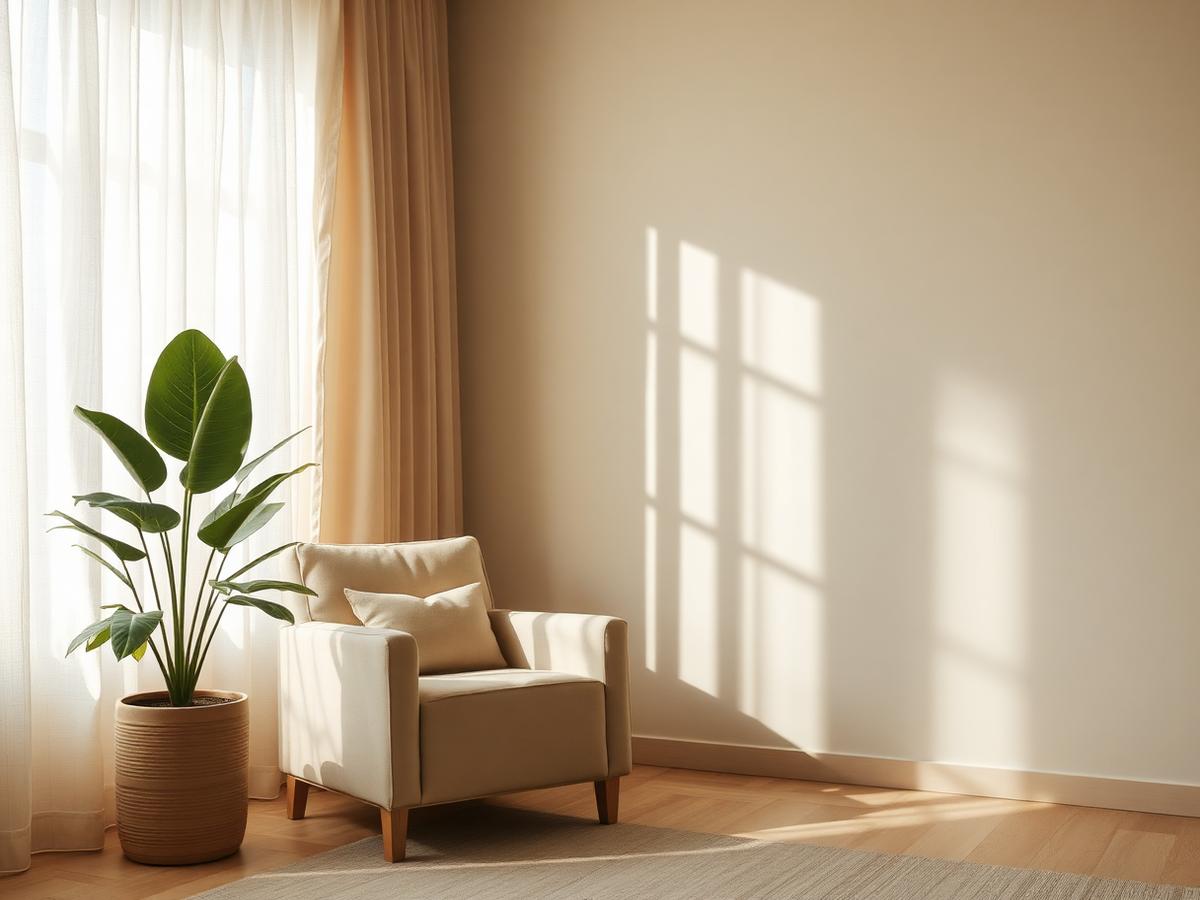 A softly lit consulting room with a warm linen armchair and a large green plant.